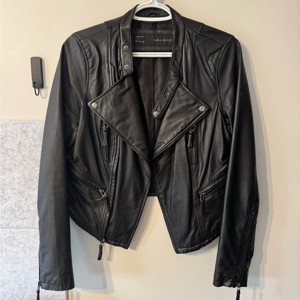 Zara Black Leather Biker Jacket with Asymmetrical Zipper